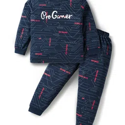 Mini Donuts Single Jersey Knit Full Sleeves T-Shirt & Joggers Set With Gamer Text Print - Navy Blue-picture-28
