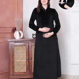 Secret Wish Velvet Woven Full Sleeves Solid Maternity Nighty With Centre Front Access - Black-image-66