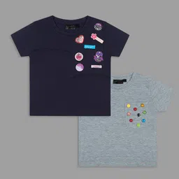 Actuel Cotton Knit Pack Of 2 Half Sleeves Patch Detailed Tops - Navy Blue & Grey-picture-10