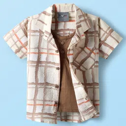 Dapper Dudes Half Sleeves Checked Shirt With Attached Tee - Brown-picture-16