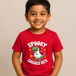 BLUSHES 100% Cotton Knit Halloween Theme Half Sleeves Spooky Saurus Rex Text Printed Tee - Red-picture-24