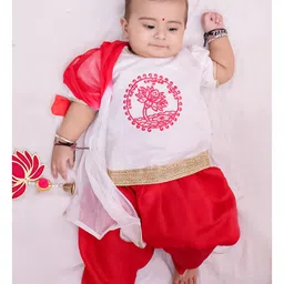 BownBee Cotton Woven Half Sleeves Floral Embroidered Kurti Dhoti Set - White-picture-24