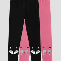 Charm n Cherish Cotton Blend Knit Pack Of 2 Animals Printed Leggings - Black & Pink-image-37