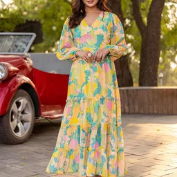 Masakali.Co Floral Print Flared Sleeve Georgette Fit & Flare Maxi Dress-picture-34