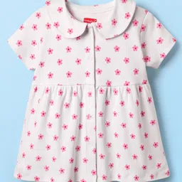 Babyhug Cotton Woven Peter Pan Collar Front Open Half Sleeves Frock & Bloomer With Floral Print - White image 2