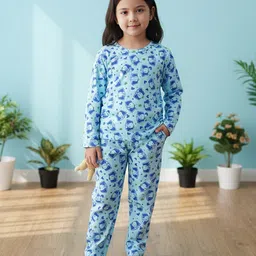 BABY CLOSET Knitted Knit Full Sleeves Elephant Printed Coordinating Winter Night Suit Set - Blue image 3