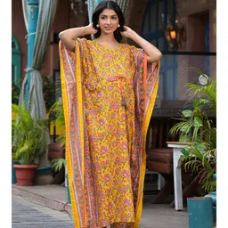 Aujjessa Cotton Batwing Sleeves Floral Printed Maternity Kaftan With Concealed Zipper Nursing Access - Yellow Multi image 4