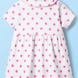 Babyhug Cotton Woven Peter Pan Collar Front Open Half Sleeves Frock & Bloomer With Floral Print - White image 3