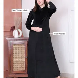Secret Wish Velvet Woven Full Sleeves Solid Maternity Nighty With Centre Front Access - Black image 4