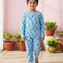 BABY CLOSET Knitted Knit Full Sleeves Elephant Printed Coordinating Winter Night Suit Set - Blue image 4