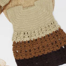 Woonie Full Sleeves Flower Detailed Jacket With Color Blocked Designed Flared Sweater Dress - Beige image 5