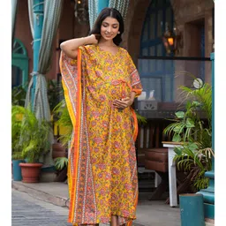Aujjessa Cotton Batwing Sleeves Floral Printed Maternity Kaftan With Concealed Zipper Nursing Access - Yellow Multi image 5