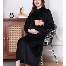 Secret Wish Velvet Woven Full Sleeves Solid Maternity Nighty With Centre Front Access - Black image 5