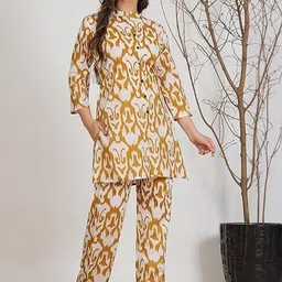 YUVVIK Ethnic Motifs Printed Pure Cotton Band Collar Kurti With Trousers-picture-12