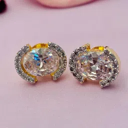 Anouk Sterling Silver Gold-Plated American Diamond Studded Oval Studs-image-43