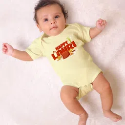 KNITROOT Lohri Theme Half SleevesHappy Lohri Text Printed Onesie - Yellow-picture-13