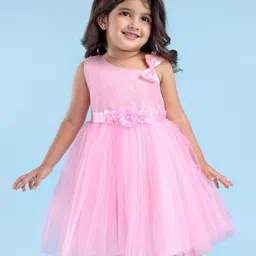Babyhug Woven Sleeveless Fit & Flared Shimmered Party Frock with Floral Applique & Bow Detailing - Pink image 1