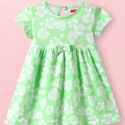 Babyhug Cotton Knit Half Sleeves Frock With Floral Print & Bow Applique - Light Green-picture-25