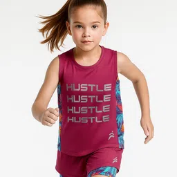 Pine Active Knit Sleeveless T-Shirt & Shorts Set with Hustle Text Print - Maroon-image-75