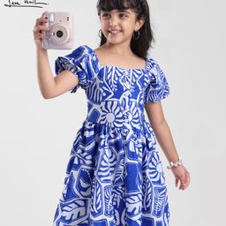 arias by lara dutta Arias 100% Cotton Woven Balloon Sleeves Frock with Floral Print - Blue & White-picture-37