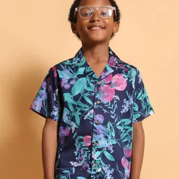 kids of greendeer Greendeer 100% Cotton Half Sleeves Floral Printed Shirt - Navy Blue image 1