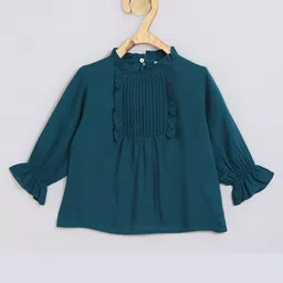 Chuppan Chupai Viscose Rayon Woven Three Fourth Sleeves Pin Tuck Detailed Top - Firozi Blue-picture-12