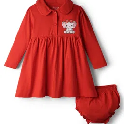 Babyhug Single Jersey Full Sleeves Elephant Printed Peter Pan Collar Frock With Bloomer - Red-picture-15
