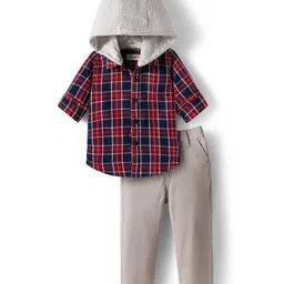 Babyhug Cotton Woven Full Sleeves Hooded Shirt and Trouser with Checks Print - Red & Grey-image-55