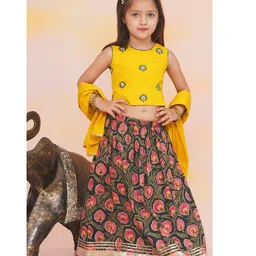 KID1 Cotton Woven Sleeveless Peacock Feather Embroidered & Floral Printed Lehenga Choli With Dupatta Set - Yellow & Green image 1