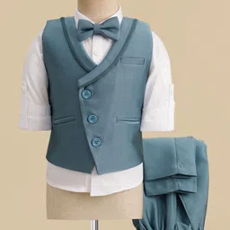 Robo Fry Cotton Woven Full Sleeves Solid 3 Piece Party Suit With Bow - Blue-picture-28
