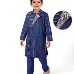 EARTHY TOUCH Cotton Lurex Woven Full Sleeves Kurta Pyjama Set with Foil Print & Floral Embroidery - Navy Blue-picture-32