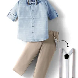 Rikidoos Full Sleeves Striped Shirt Pant With Suspender & Bow Set - Light Blue & Grey-picture-14