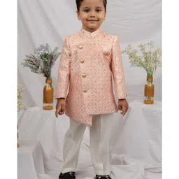 LITTLE COLLARS Blended Woven Full Sleeves Thread Work Embroidered & Sequins Embellished Achkan Pyjama Set With Brooch - Pink-picture-13