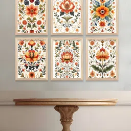 WALLLANE Traditional White & Orange 6 Pieces Floral And Botanical Wooden Wall Art-image-34
