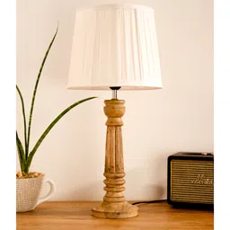 Green Girgit Wooden Pillar Brown Lamp with Pleeted White Soft Shade image 2