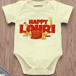 KNITROOT Lohri Theme Half SleevesHappy Lohri Text Printed Onesie - Yellow image 3