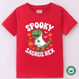 BLUSHES 100% Cotton Knit Halloween Theme Half Sleeves Spooky Saurus Rex Text Printed Tee - Red image 3