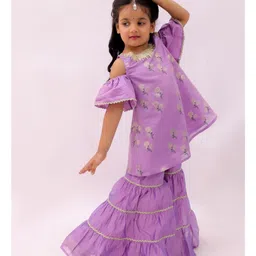 Lil' Drama Chanderi Knit Cold Shoulder Floral Foil Printed & Gota Lace Embellished Kurti Sharara Set - Purple image 4