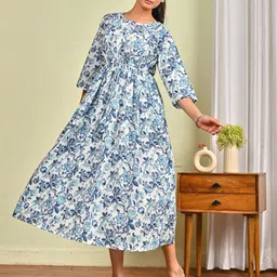 KEIYONA Women Floral Printed Round Neck Cotton Fit & Flare Midi Dress-picture-10