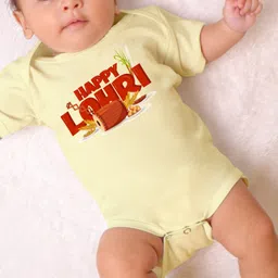 KNITROOT Lohri Theme Half SleevesHappy Lohri Text Printed Onesie - Yellow image 5