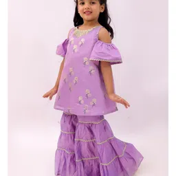Lil' Drama Chanderi Knit Cold Shoulder Floral Foil Printed & Gota Lace Embellished Kurti Sharara Set - Purple image 5