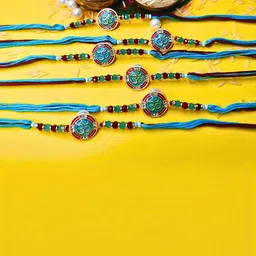 Anouk Set Of 6 Beaded Cotton Thread with AD Stones & Meenakari Designer Rakhi for Brother image 3