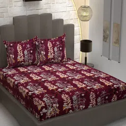 Banchmark Home Furnishings Maroon & Yellow Floral 200 TC King Bedsheet with 2 Pillow Covers-picture-26