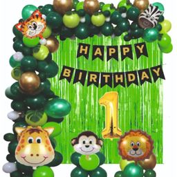 Bubble Trouble Jungle Animal Forest Theme 1st Birthday Party Decorations for boys Combo Bunting Animal Face Shape Foil Chrome Rubber Balloons  Jungle Theme Birthday Decoration Pack of 51- Multicolor-picture-28