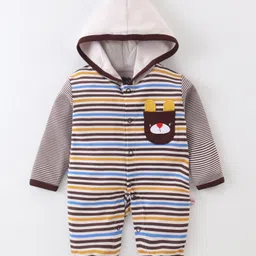 Mini Taurus Cotton Knit Full Sleeves Striped Hooded Romper with Pocket Detailing - Dark Brown-picture-38