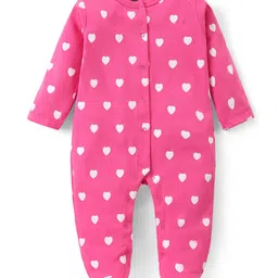 Babyhug Cotton Knit Full Sleeves Sleep Suit With Hearts Print - Pink-image-56