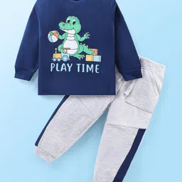 Babyhug Cotton Knit Full Sleeves T-Shirt & Lounge Pants Set With Play Time Croc Print - Blue & Grey-picture-22