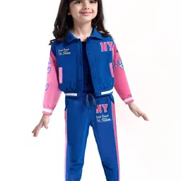 Babyhug Terry Knit Full Sleeves Bomber Jacket & Lounge Pant Set With Text Print - Blue & Pink-picture-12