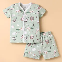 OHMS Single Jersey Knit Half Sleeves Co-ords Shorts Night Suit with Jungle Theme Print - Mint-picture-18