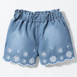 Little Kangaroos Woven Knee Length Denim Shorts With Floral Embroidery & Adjustable Elastic - Light Blue-picture-27